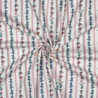 Tissu Popeline de Coton digital Jeanne rayé fleuris sur fond Blanc - Par 10 cm