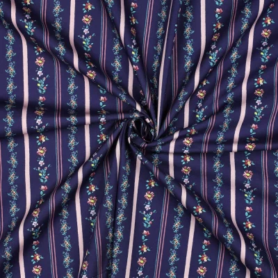 Tissu Popeline de Coton digital Jeanne rayé fleuris sur fond Bleu marine - Par 10 cm