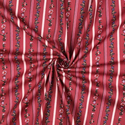 Tissu Popeline de Coton digital Jeanne rayé fleuris sur fond Bordeaux - Par 10 cm