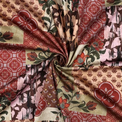 Tissu Coton satiné digital patchwork inspiration Asie sur fond Rouge - Par 10 cm