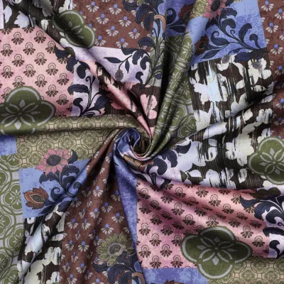 Tissu Coton satiné digital patchwork inspiration Asie sur fond Bleu - Par 10 cm