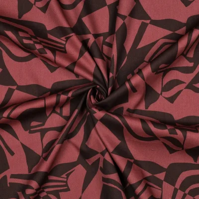 Tissu Coton Viscose digital Motifs géométrique Acajou sur fond Marron chocolat - Par 10 cm