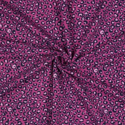 Tissu Sweat léger French Terry Léopard Noir et Rose sur fond Rose fuchsia - Par 10 cm