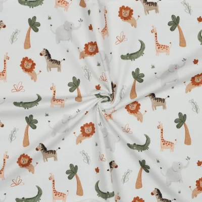 Tissu Jersey Coton imprimé digital Tim safari mignon sur fond Blanc - Par 10 cm