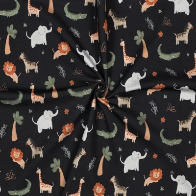 Tissu Jersey Coton imprimé digital Tim safari mignon sur fond Noir - Par 10 cm
