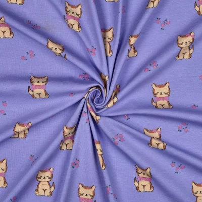 Tissus Jersey Coton imprimé chatons noeuds pailletés sur fond Violet - Par 10 cm