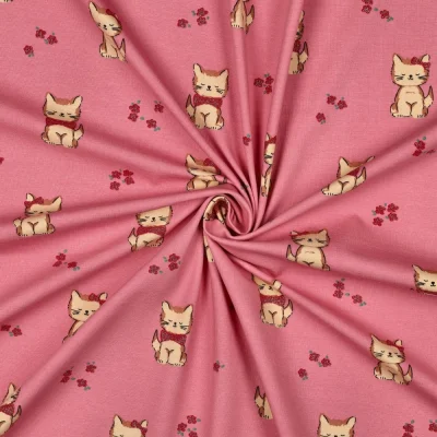 Tissus Jersey Coton imprimé chatons noeuds pailletés sur fond Rose - Par 10 cm