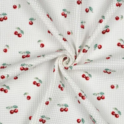 Tissu Nid d&#039;abeille digital imprimé petites cerises Rouge sur fond Blanc - Par 10 cm