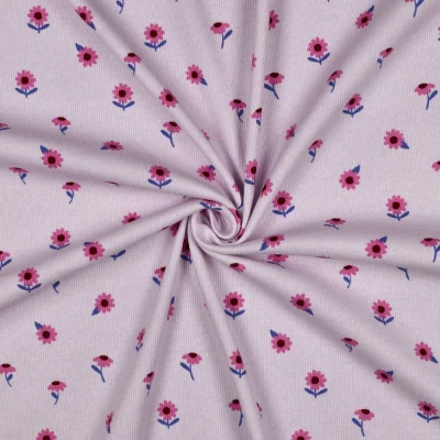 Tissu Jersey Bord Côte  Anne petites fleurs sur fond Lilas - Par 10 cm