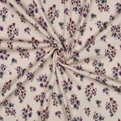 Tissu Jersey Bord Côte digital Alicia petites fleurs sur fond Rose poudré - Par 10 cm