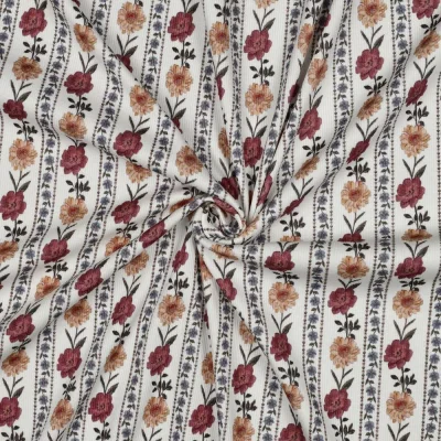 Tissu Jersey Bord Côte digital Miranda motif floral sur fond Blanc cassé - Par 10 cm