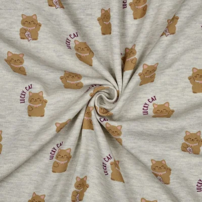 Tissu Sweat léger envers molletonné Lucky cat sur fond Gris chiné - Par 10 cm
