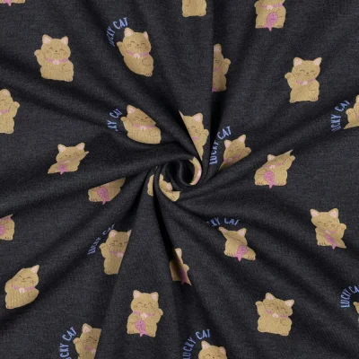 Tissu Sweat léger envers molletonné Lucky cat sur fond Bleu marine chiné - Par 10 cm