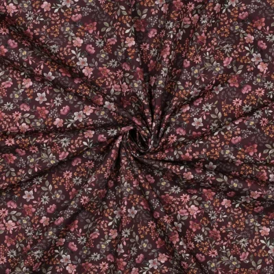 Tissu Popeline de Coton digital imprimé Mia petites fleurs sur fond Bordeaux - Par 10 cm