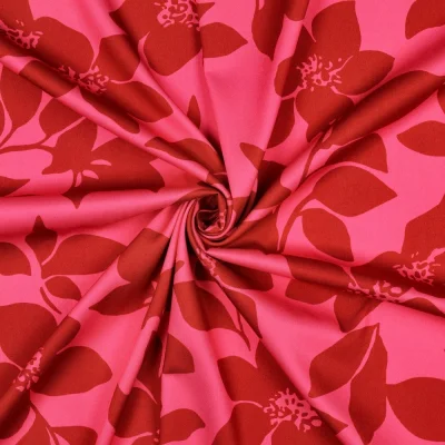 Tissu Viscose élasthanne stretch Grandes fleurs Rouge sur fond Rose - Par 10 cm