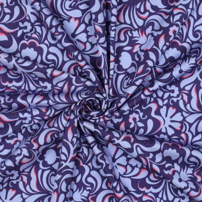 Tissu Viscose élasthanne stretch Motif floral Bleu lavande sur fond Violet - Par 10 cm