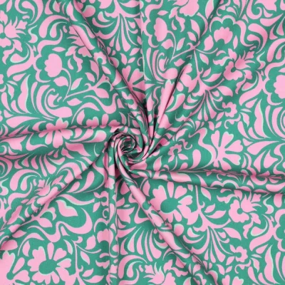 Tissu Viscose élasthanne stretch Motif floral Rose sur fond Vert émeraude - Par 10 cm