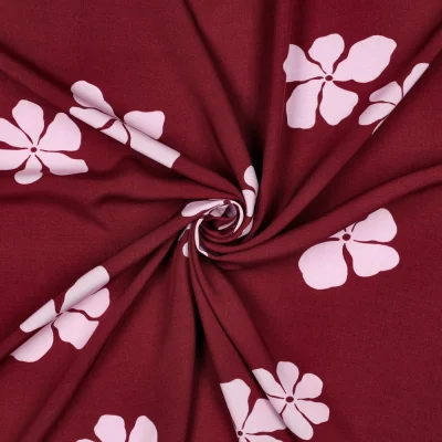 Tissu Viscose lenzing EcoVero Lisa fleurs Rose clair sur fond Bordeaux - Par 10 cm