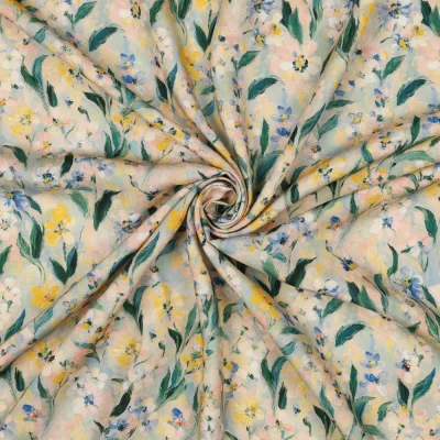 Tissu Viscose digital lenzing EcoVero Noemie aquarelle floral sur fond Ecru - Par 10 cm