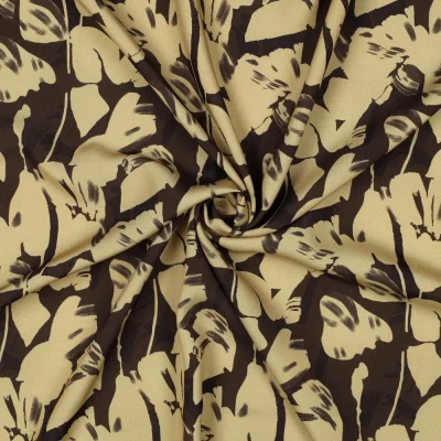 Tissu Viscose digital lenzing EcoVero Floral abstrait Ivoire sur fond Marron chocolat - Par 10 cm