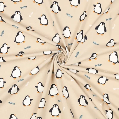Tissus Jersey Coton imprimé Happy pinguins sur fond Ecru - Par 10 cm