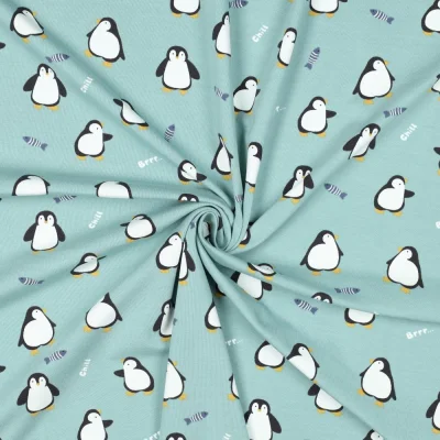 Tissus Jersey Coton imprimé Happy pinguins sur fond Vert menthe - Par 10 cm