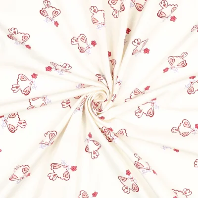 Tissu Jersey Coton imprimé Birdy petites colombes sur fond Blanc cassé - Par 10 cm