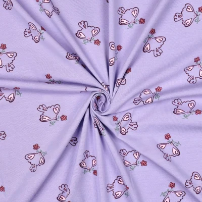 Tissu Jersey Coton imprimé Birdy petites colombes sur fond Lilas - Par 10 cm