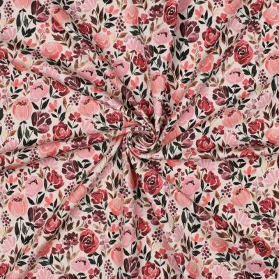 Tissu Jersey Coton Bio digital Clara tapis fleuris Rose sur fond Ecru - Par 10 cm