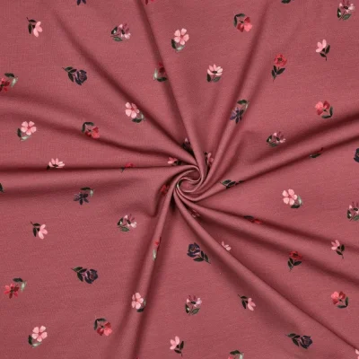 Tissu Jersey Coton Bio digital Clara petites fleurs sur fond Lie de vin - Par 10 cm