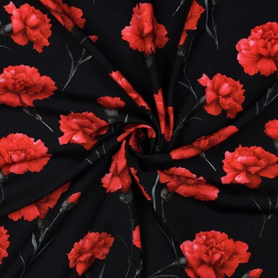 Tissu Viscose imprimé digital Olivia oeillets Rouge sur fond Noir - Par 10 cm