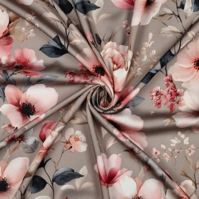 Tissu Viscose satiné digital Iris fleurs Rose sur fond Taupe - Par 10 cm