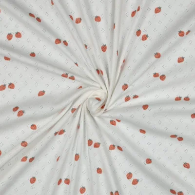 Tissu Jersey Coton ajouré Baby petites fraises Rouge sur fond Blanc - Par 10 cm