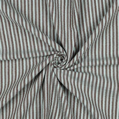 Tissu Double Gaze de Coton fil teinté Rayé Taupe sur fond Bleu clair - Par 10 cm