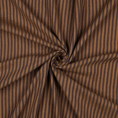 Tissu Double Gaze de Coton fil teinté Rayé Bleu marine sur fond Camel - Par 10 cm