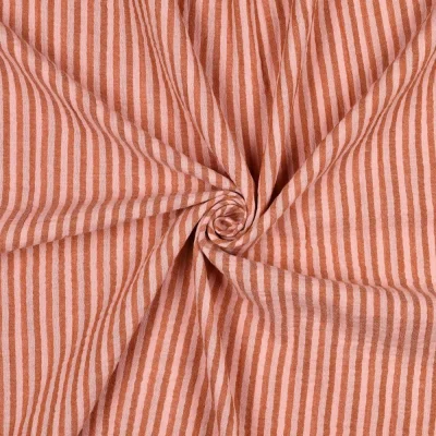 Tissu Double Gaze de Coton fil teinté Rayé Abricot sur fond Rose - Par 10 cm