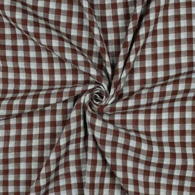 Tissu Double Gaze de Coton fil teinté Carreaux Bleu clair sur fond Marron - Par 10 cm