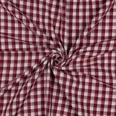 Tissu Double Gaze de Coton fil teinté Carreaux Bordeaux sur fond Rose - Par 10 cm