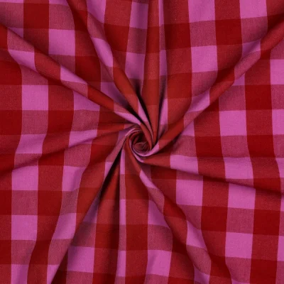 Tissu Coton fil teint Nelly carreaux Fuschia sur fond Rouge - Par 10 cm