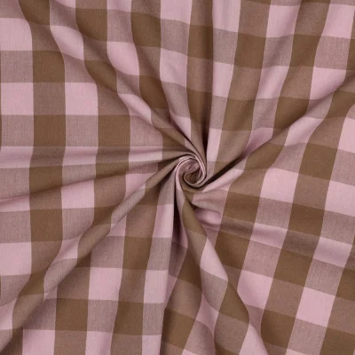Tissu Coton fil teint Nelly carreaux Rose clair sur fond Brun - Par 10 cm