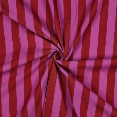 Tissu Coton fil teint Nora rayures Fuschia sur fond Rouge - Par 10 cm
