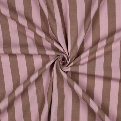 Tissu Coton fil teint Nora rayures Rose clair sur fond Brun - Par 10 cm