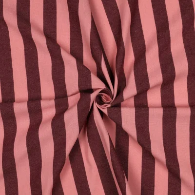 Tissu Coton fil teint Rayé Bordeaux sur fond Rose corail - Par 10 cm