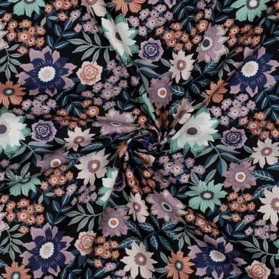 Tissu Popeline de Coton Poppy tissage fin fleurs Lio sur fond Noir - Par 10 cm
