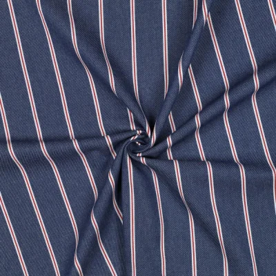 Tissu Chambray Coton James rayures fines Blanc et Rouge sur fond Bleu denim - Par 10 cm
