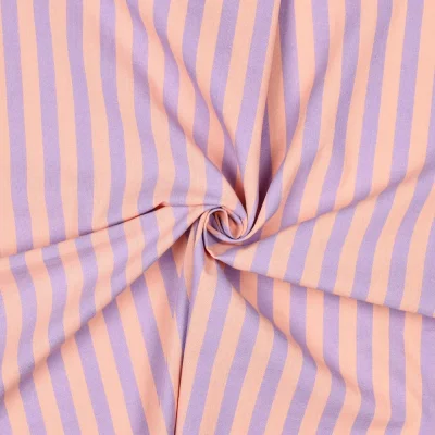 Tissu Coton fil teint Rayé Lilas sur fond Pêche - Par 10 cm