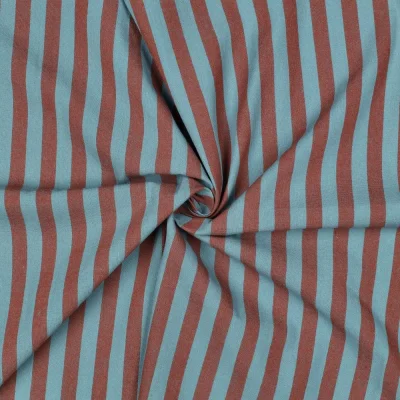 Tissu Coton fil teint Rayé Marron sur fond Bleu céladon - Par 10 cm