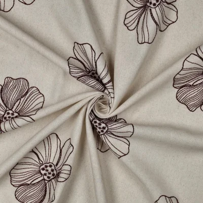 Tissu Viscose Lin Yoko brodé grandes fleurs sur fond Naturel - Par 10 cm