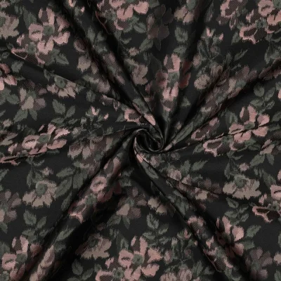 Tissu Jacquard Alizé fleurs Rose ancien sur fond Noir - Par 10 cm
