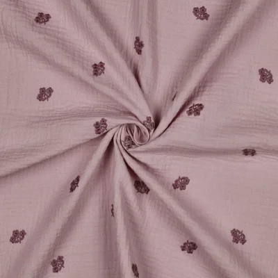 Tissu Double gaze de Coton Irina Broderie petites fleurs sur fond Vieux rose - Par 10 cm